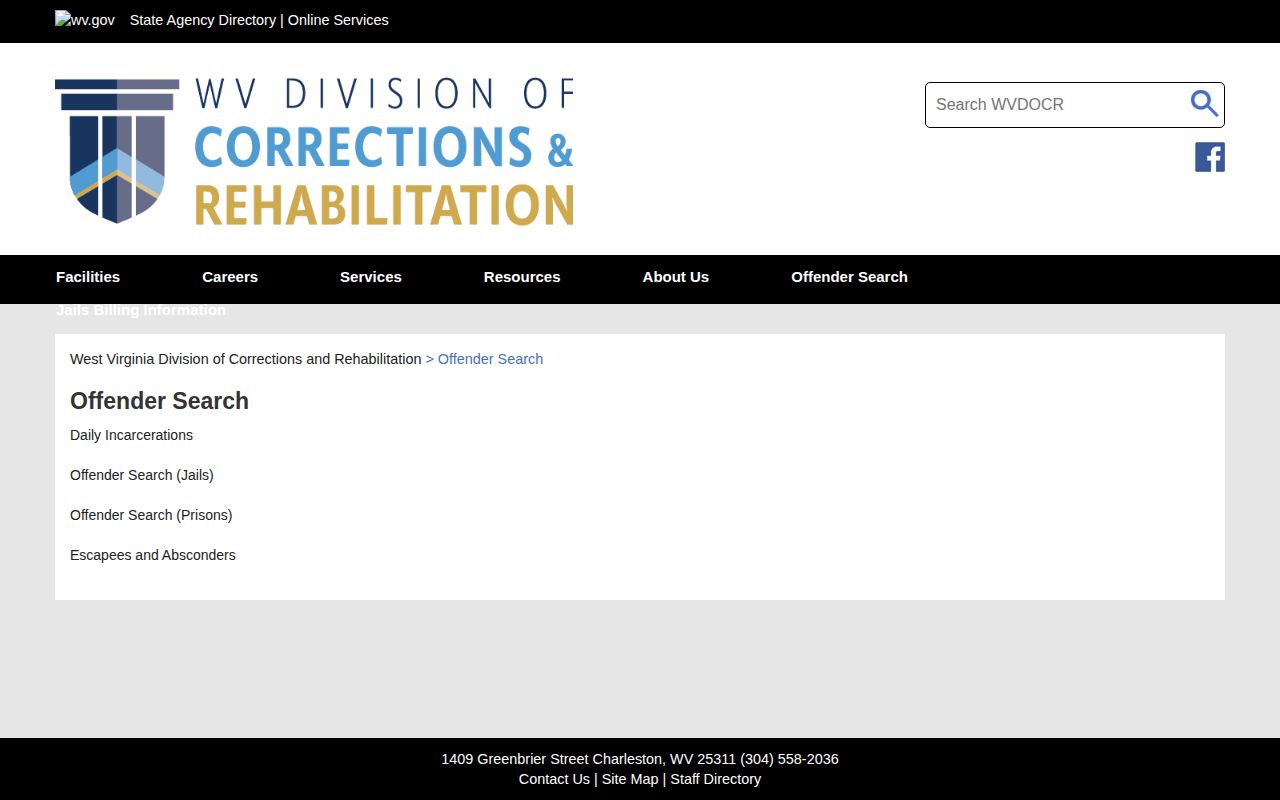 Gilmer County WVDCR offender-search landing page for regional-jail custody records