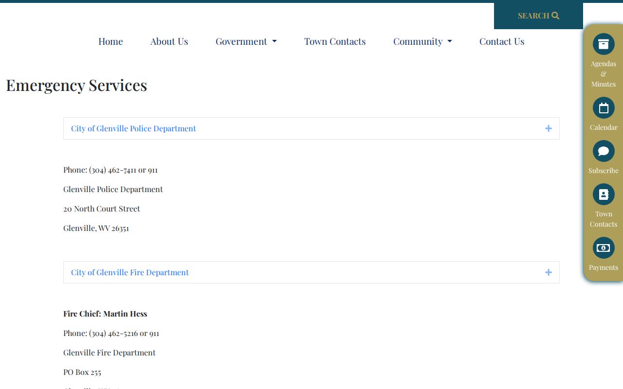 Official Glenville emergency-services page listing Glenville Police contact information